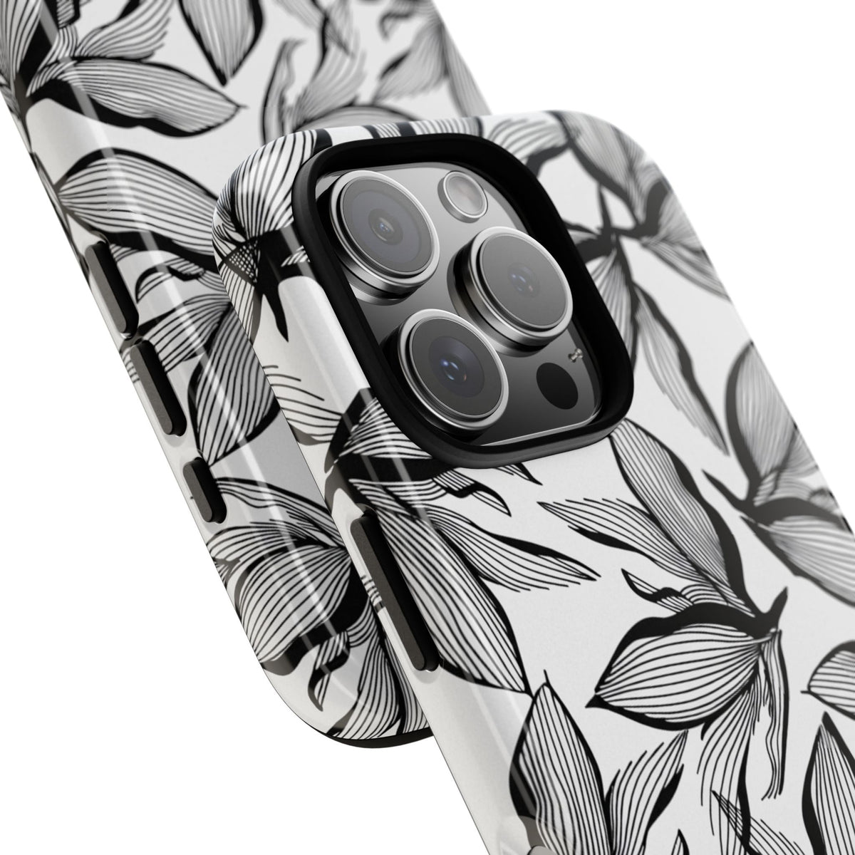 Floral Leaves Tough Phone Case – Black & White Botanical Protection
