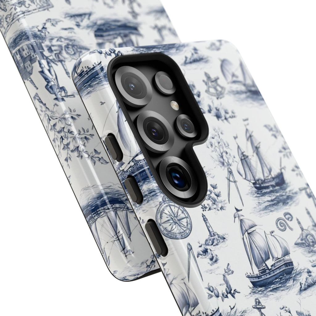 Nautical Vintage Ship Tough Phone Case — Blue Toile Sailboat Pattern