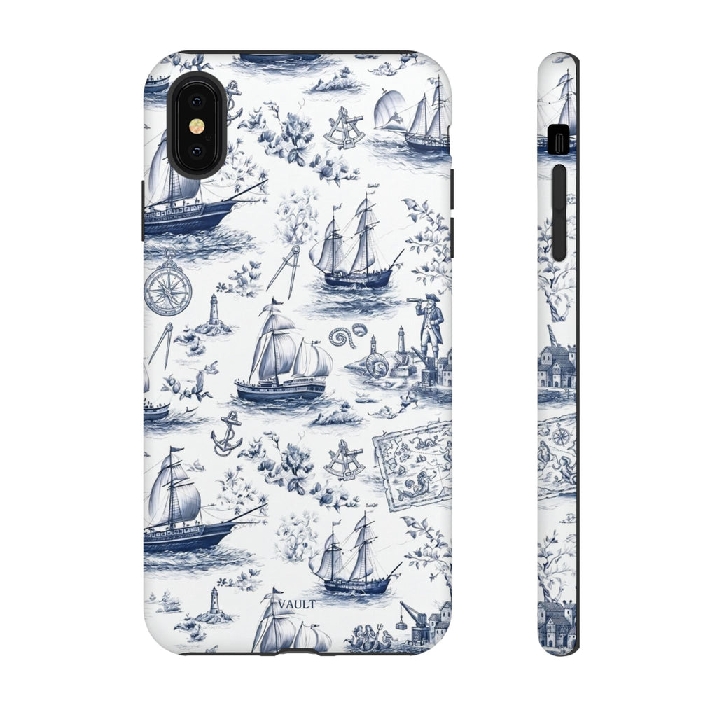 Nautical Vintage Ship Tough Phone Case — Blue Toile Sailboat Pattern
