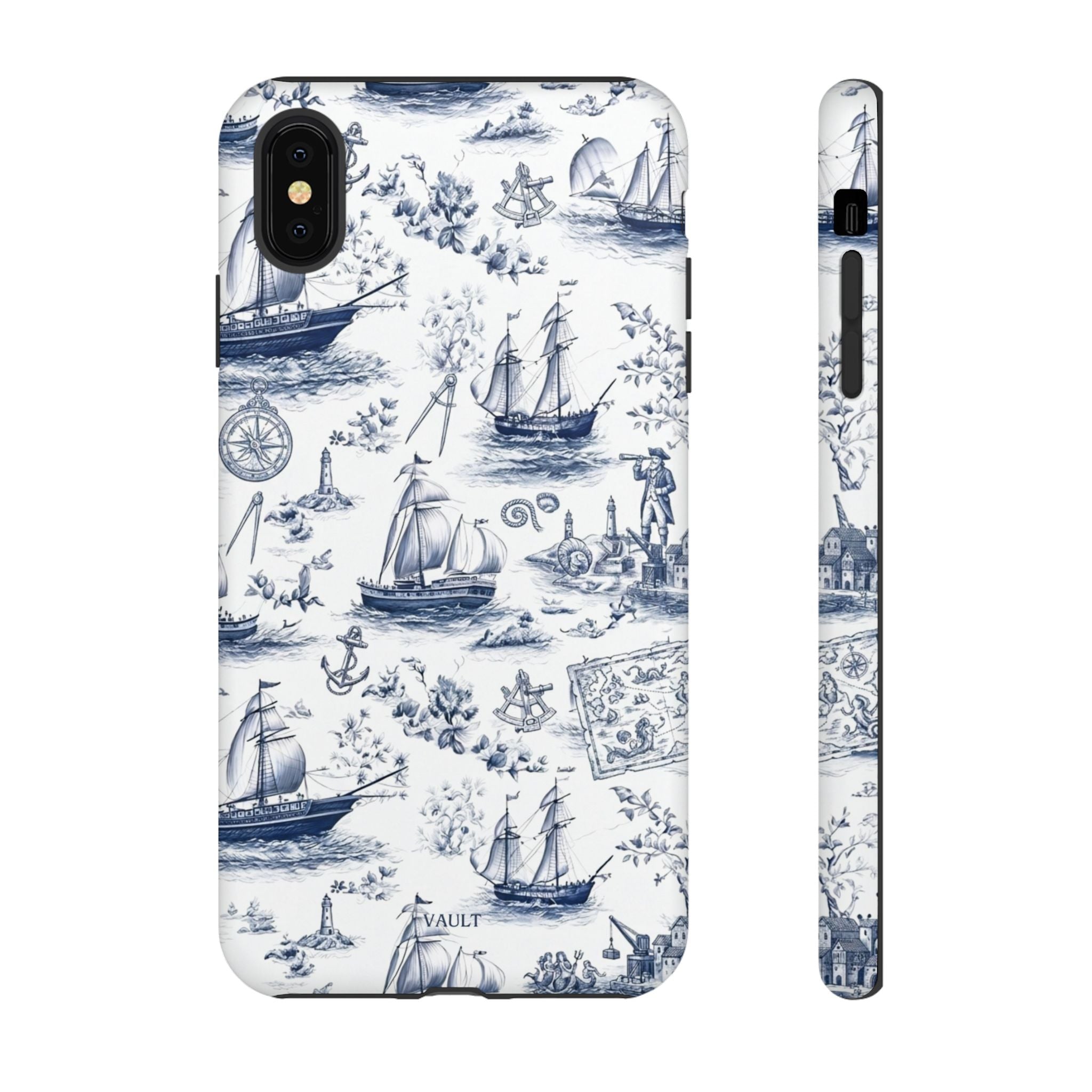 Nautical Vintage Ship Tough Phone Case — Blue Toile Sailboat Pattern