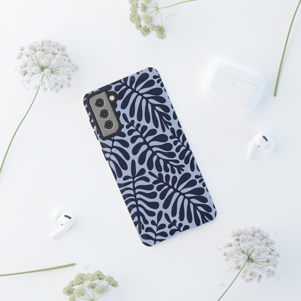 Floral Fern Tough Phone Case – Navy Blue on Light Blue, Protective Slim Cover