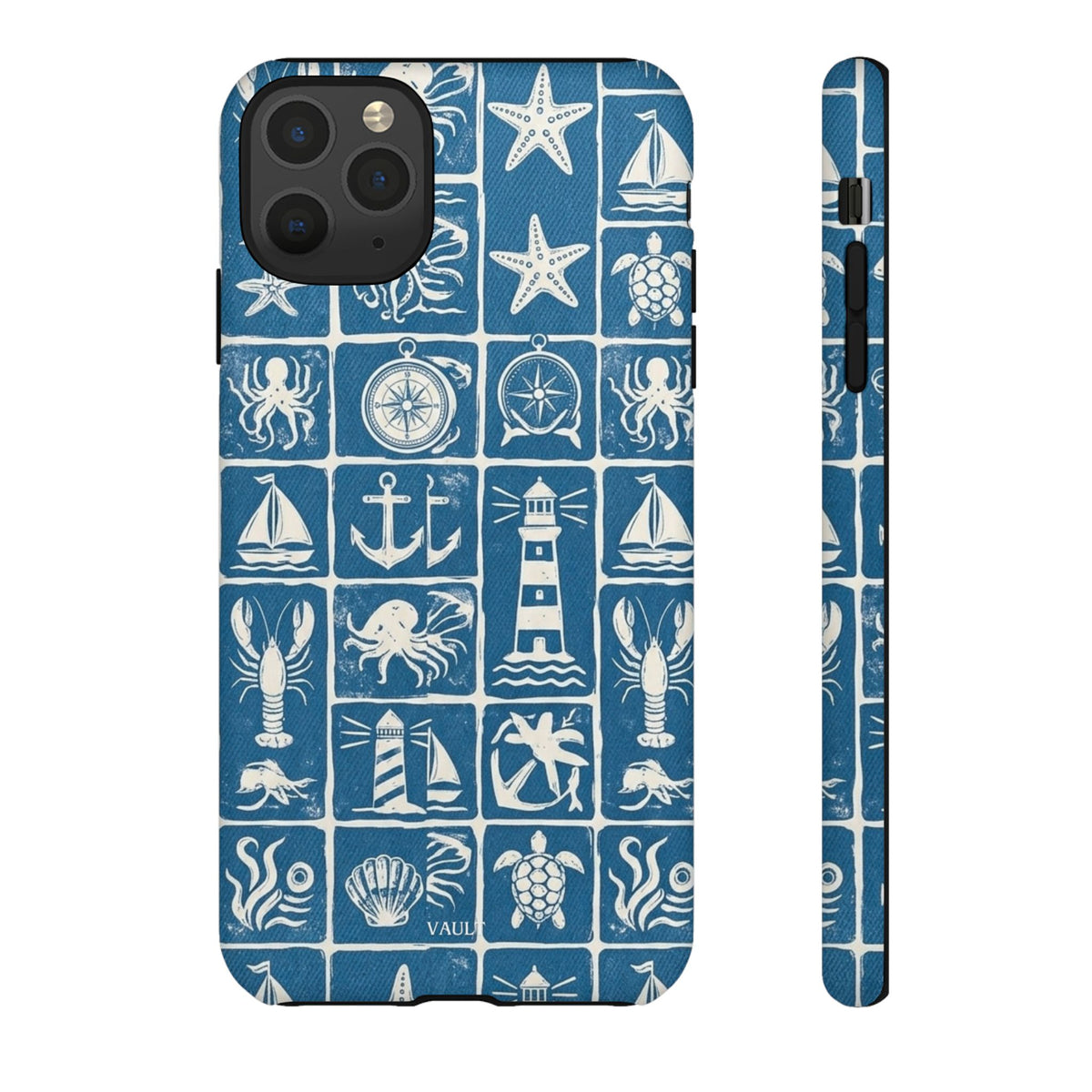 Nautical Tile Phone Case — Blue Coastal Icons (lighthouse, anchor, seashells)