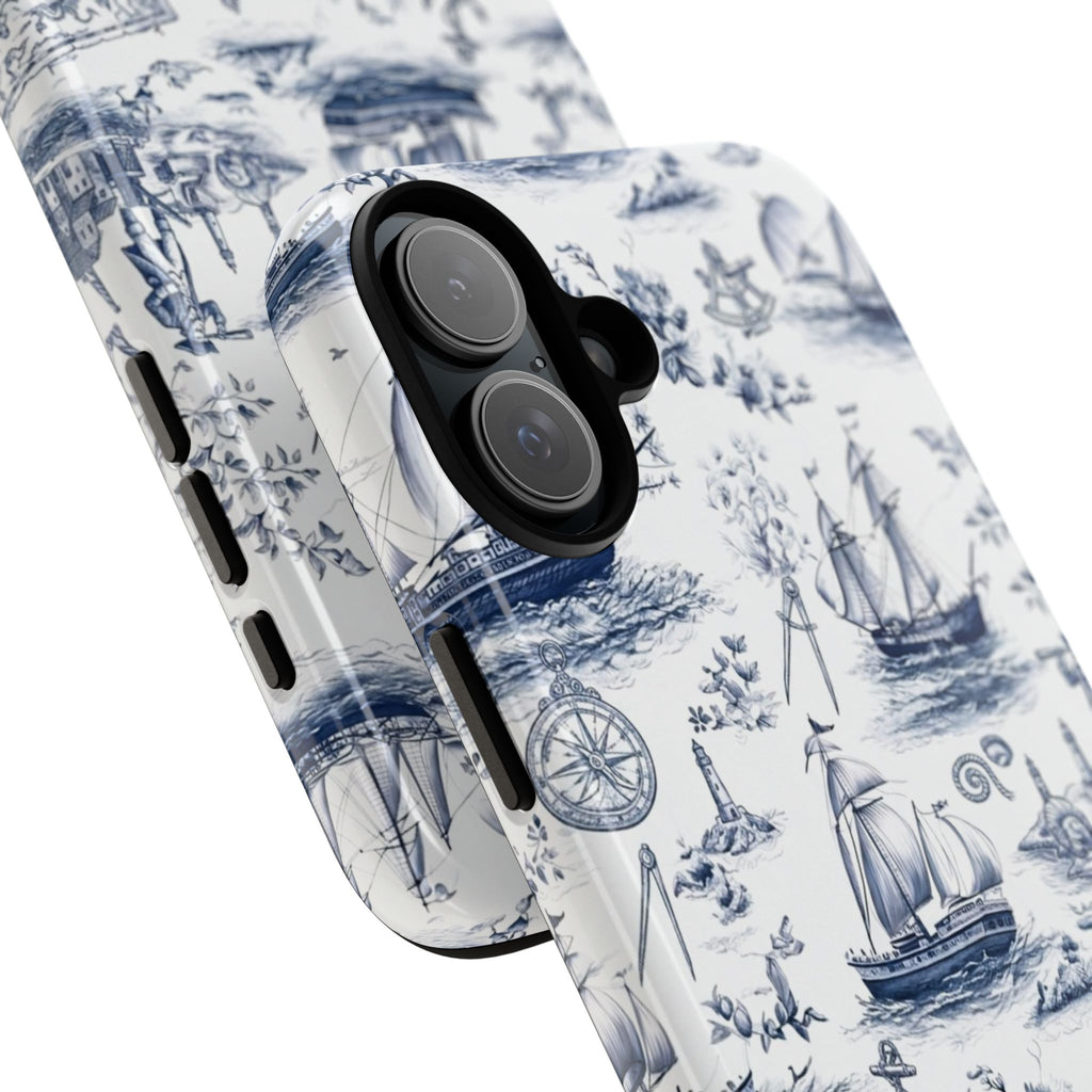 Nautical Vintage Ship Tough Phone Case — Blue Toile Sailboat Pattern