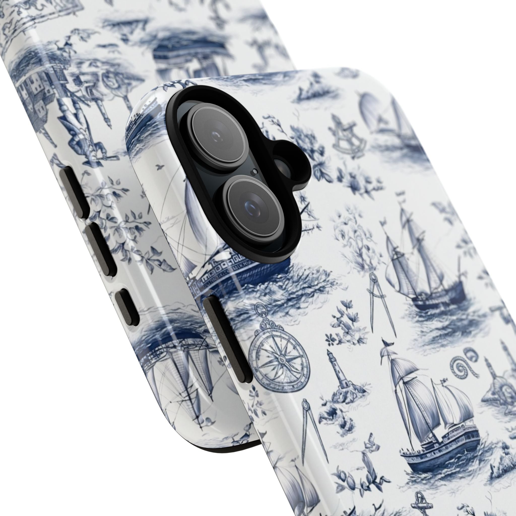 Nautical Vintage Ship Tough Phone Case — Blue Toile Sailboat Pattern