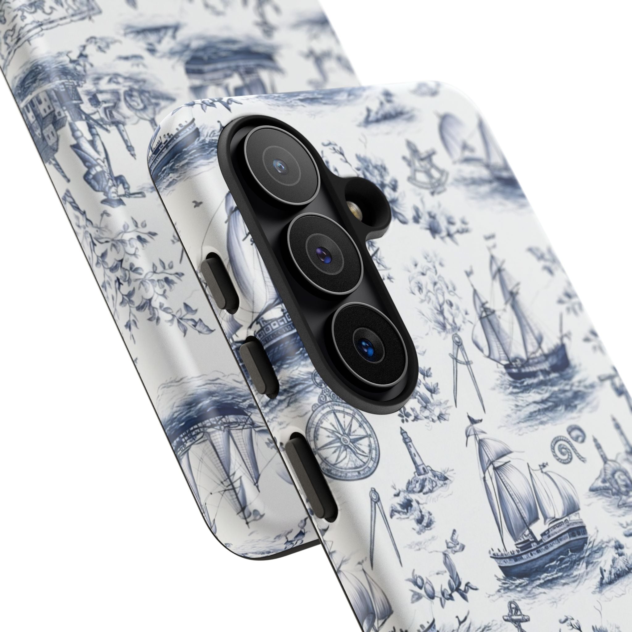Nautical Vintage Ship Tough Phone Case — Blue Toile Sailboat Pattern