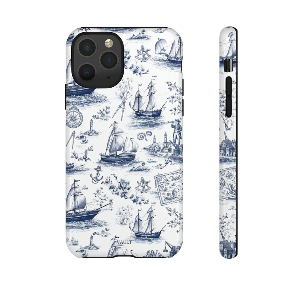 Nautical Vintage Ship Tough Phone Case — Blue Toile Sailboat Pattern