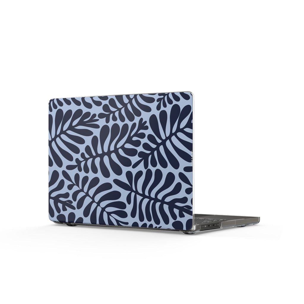 Blue Botanical Clear MacBook Case — Navy Leaf Pattern Laptop Cover