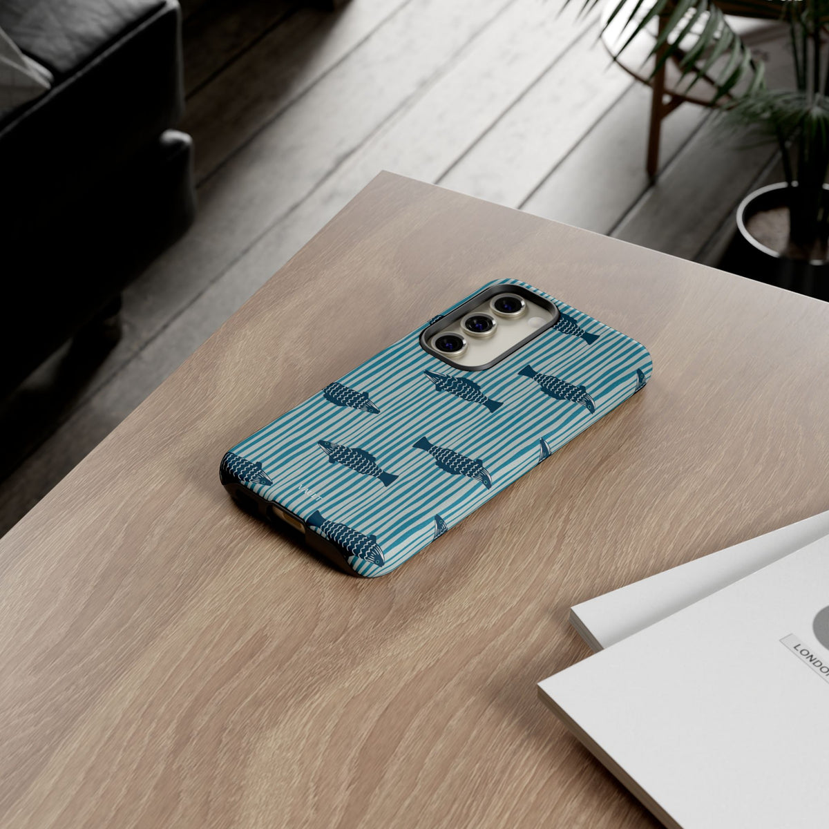 Fish Pattern Tough Phone Case — Blue Striped Ocean Design
