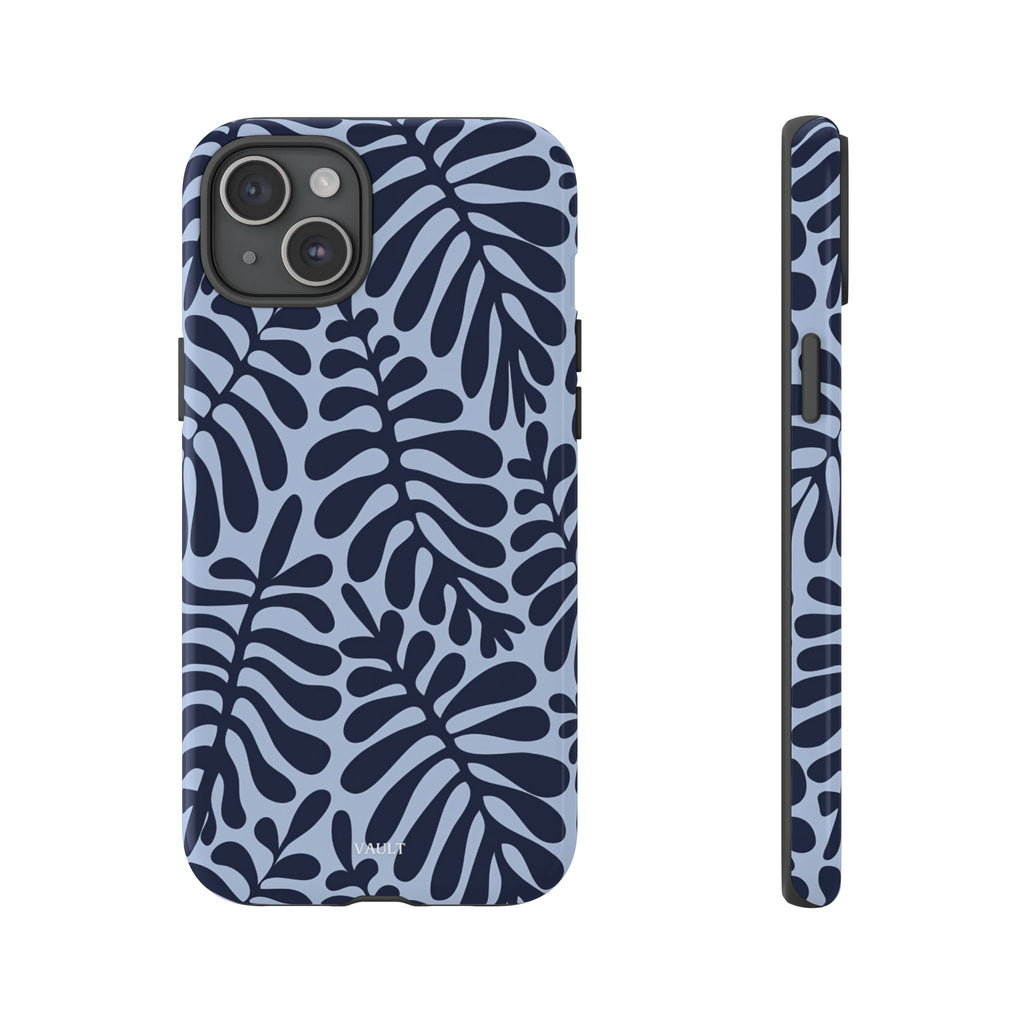 Floral Fern Tough Phone Case – Navy Blue on Light Blue, Protective Slim Cover