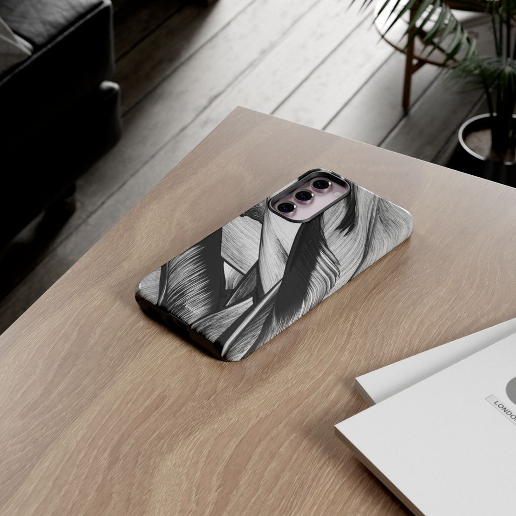 Monochrome Tropical Leaf Tough Phone Case — Black & White Botanical Protective Cover