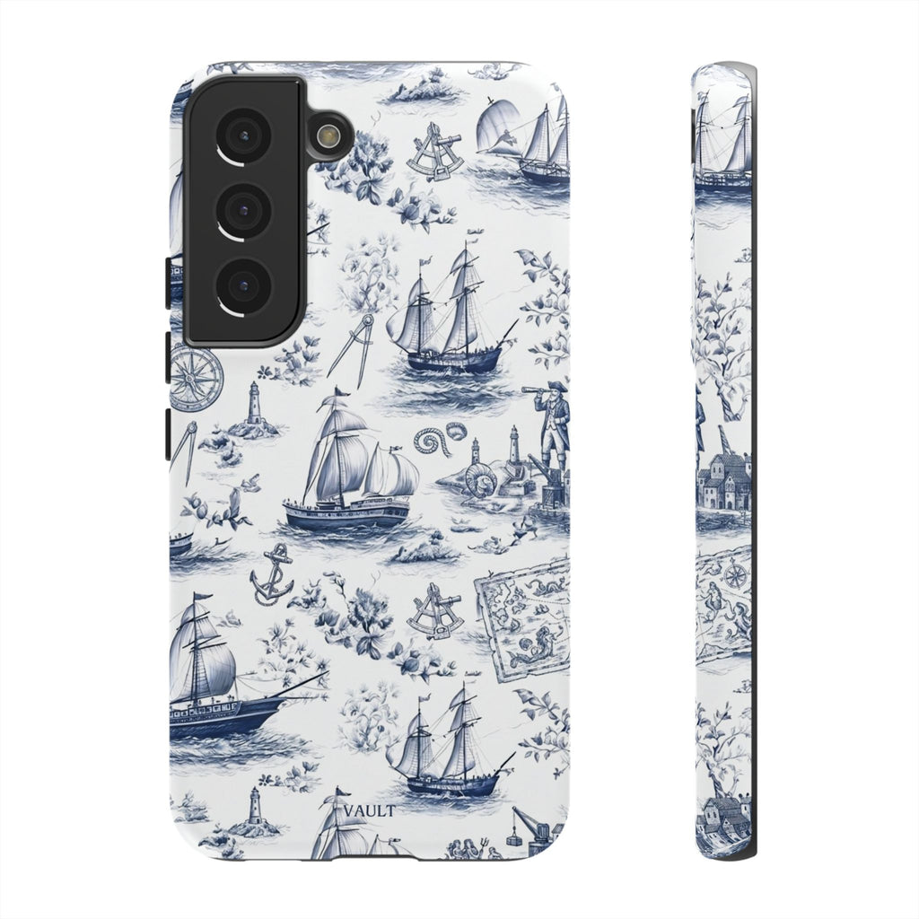 Nautical Vintage Ship Tough Phone Case — Blue Toile Sailboat Pattern