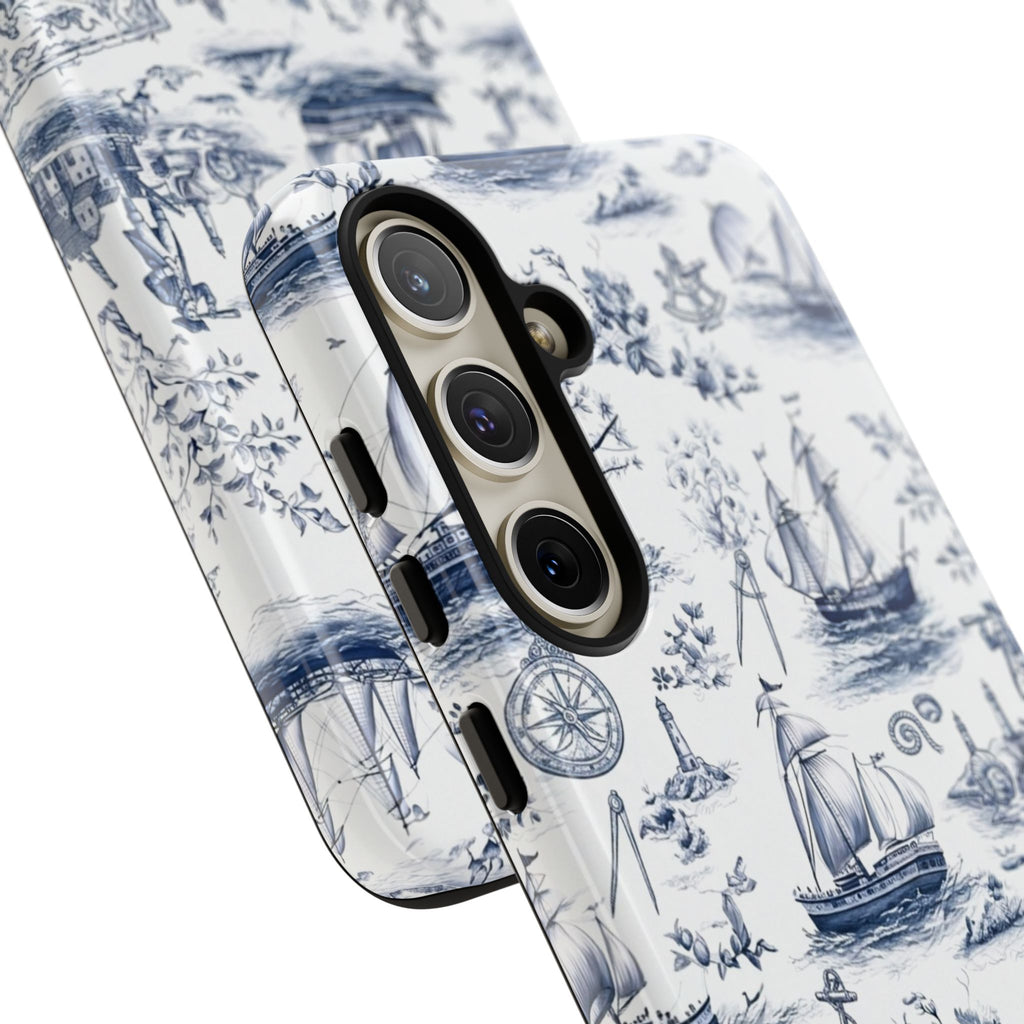 Nautical Vintage Ship Tough Phone Case — Blue Toile Sailboat Pattern