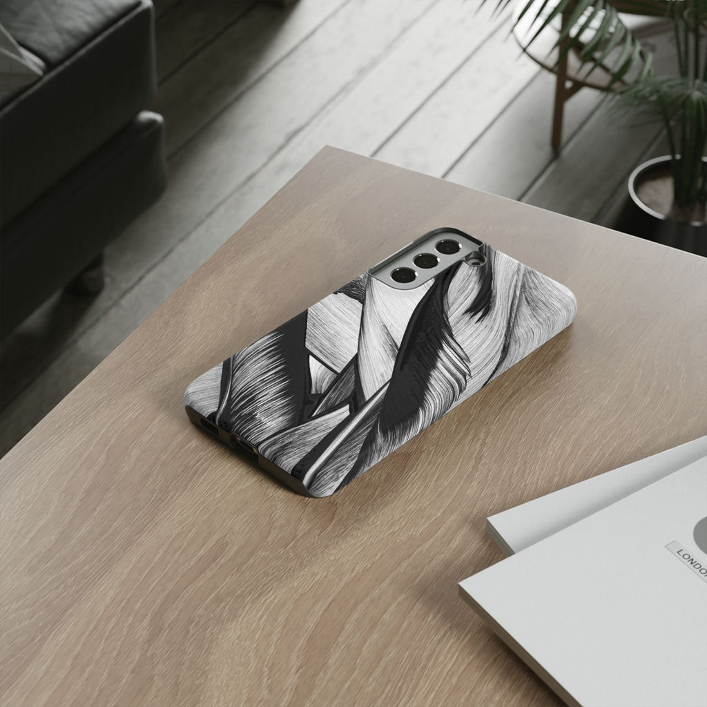 Monochrome Tropical Leaf Tough Phone Case — Black & White Botanical Protective Cover