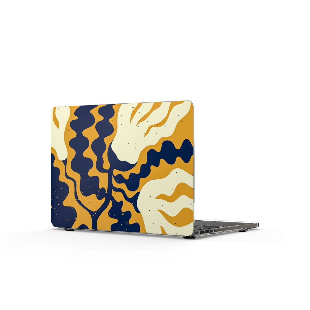 Abstract Wave Clear MacBook Case — Navy & Mustard Retro Design