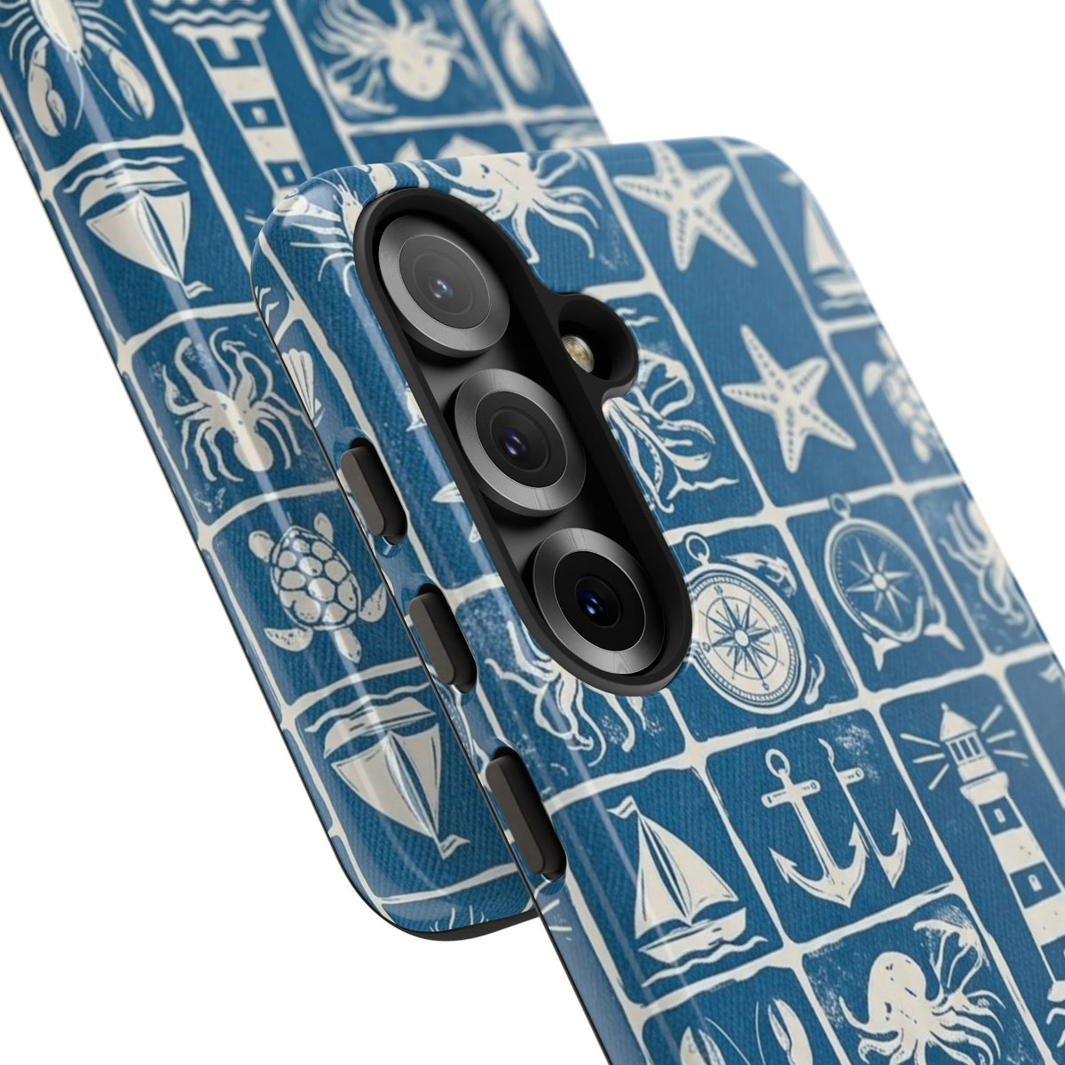 Nautical Tile Phone Case — Blue Coastal Icons (lighthouse, anchor, seashells)