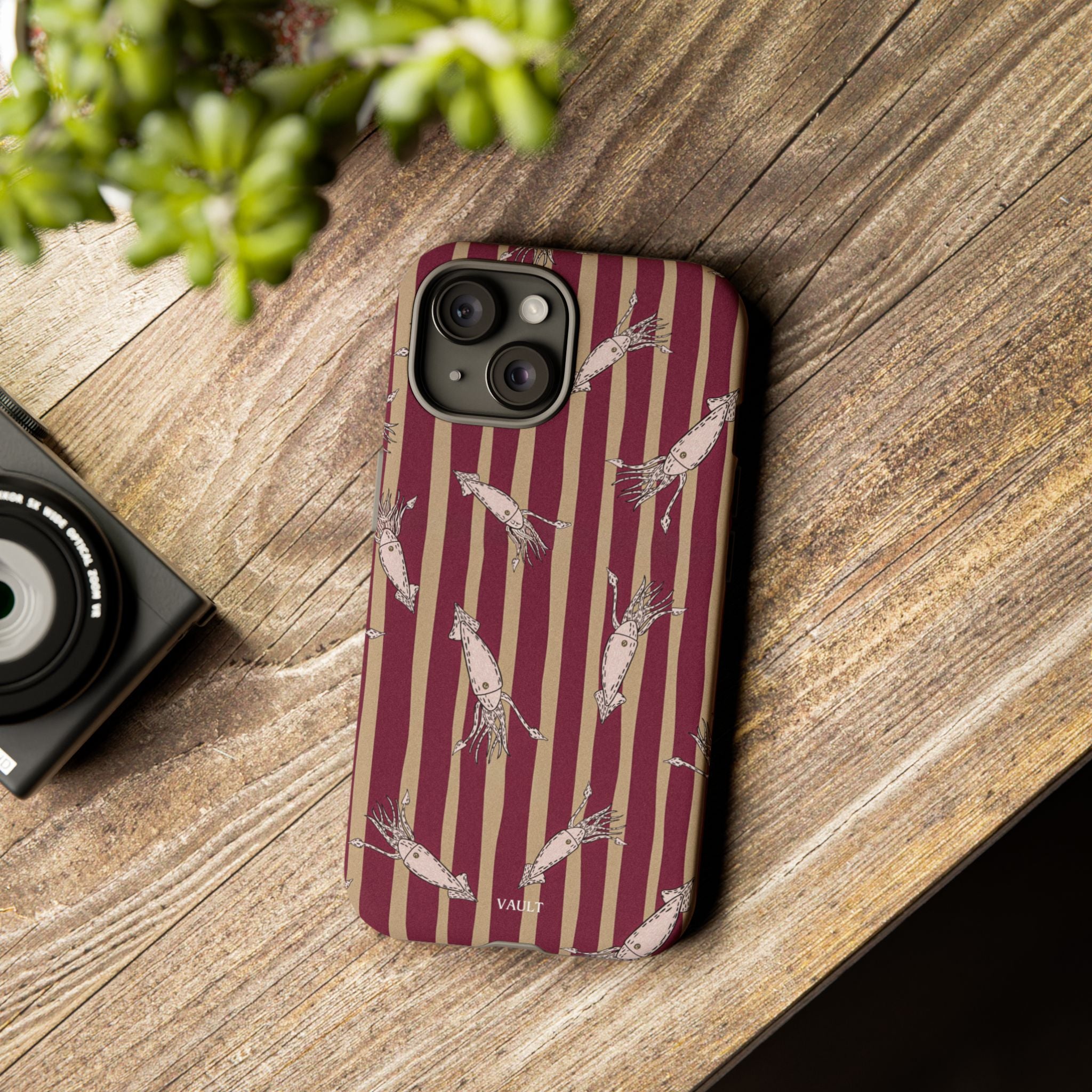 Phone Case - Vintage Shrimp Pattern on Burgundy Stripes