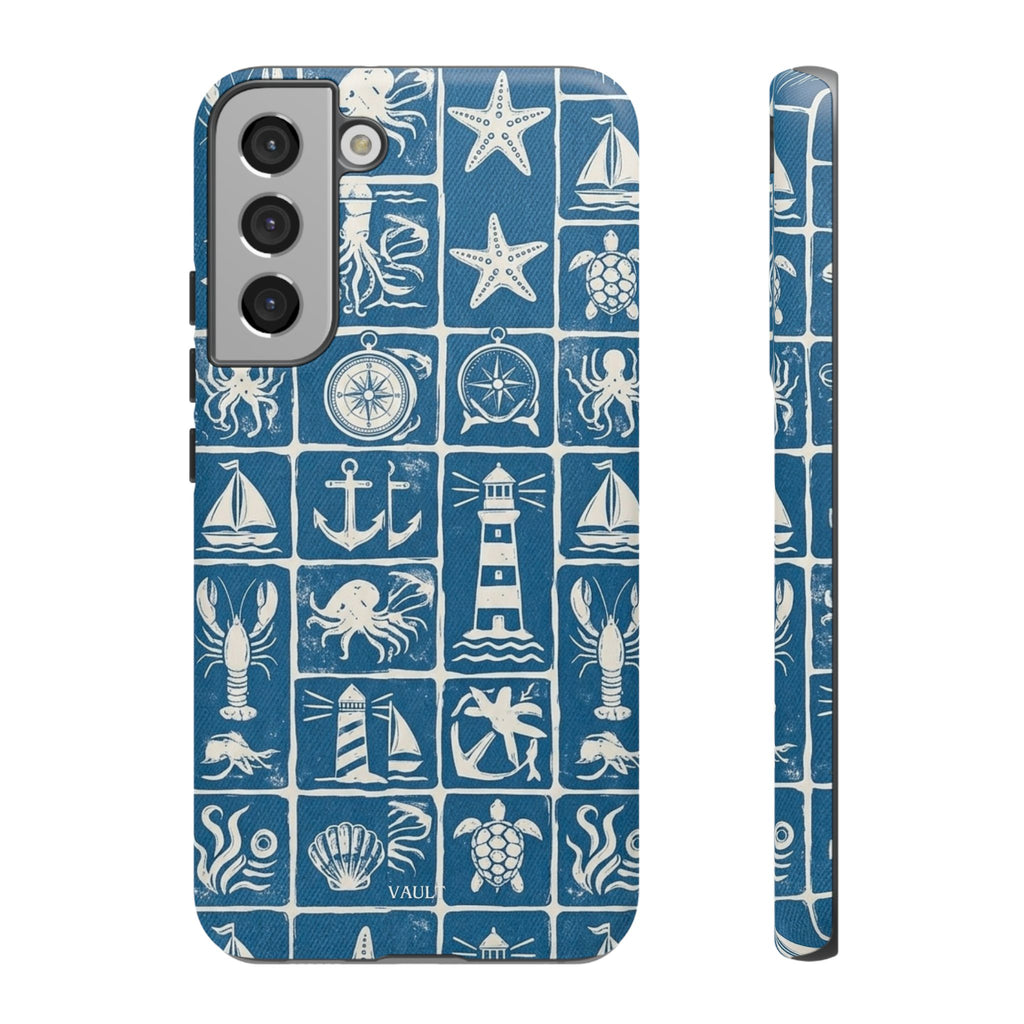 Nautical Tile Phone Case — Blue Coastal Icons (lighthouse, anchor, seashells)