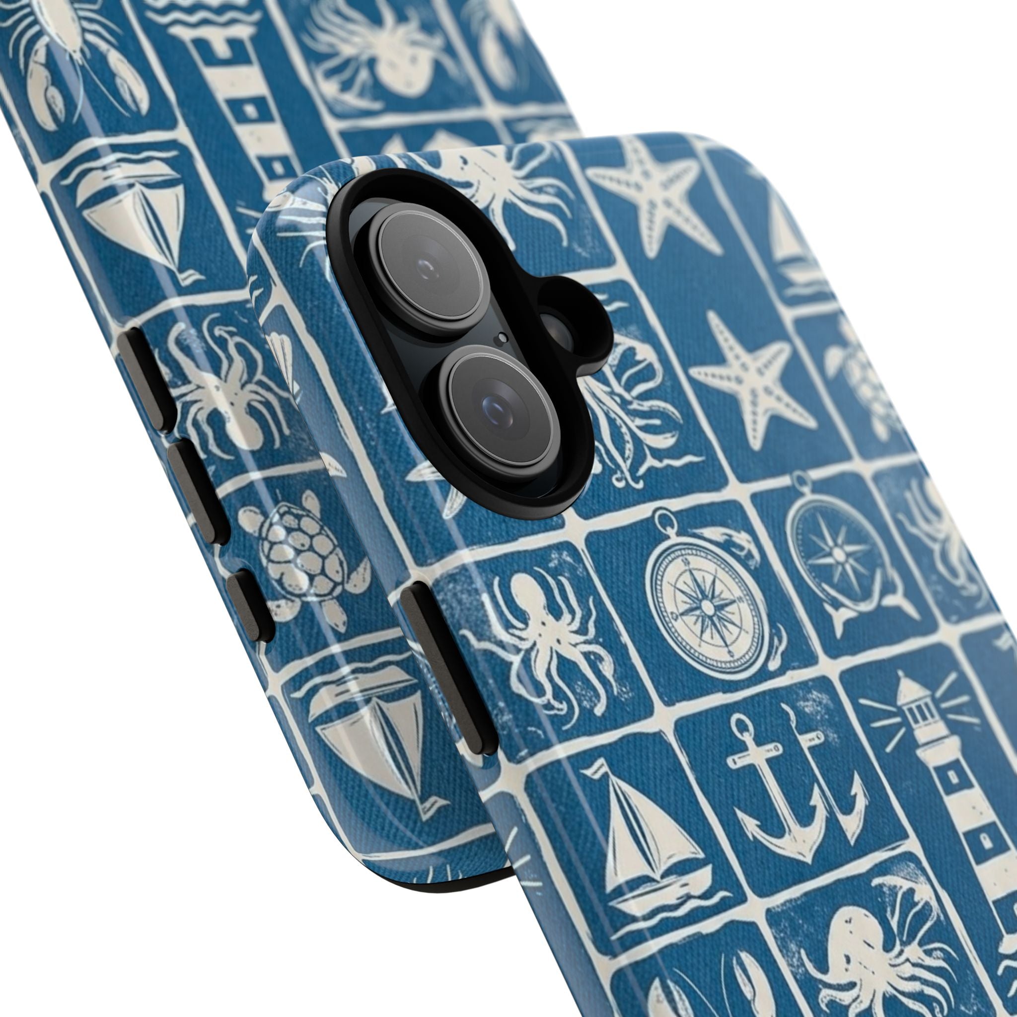 Nautical Tile Phone Case — Blue Coastal Icons (lighthouse, anchor, seashells)