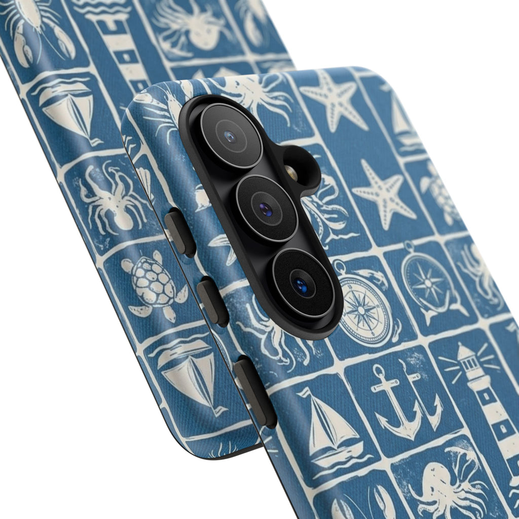Nautical Tile Phone Case — Blue Coastal Icons (lighthouse, anchor, seashells)