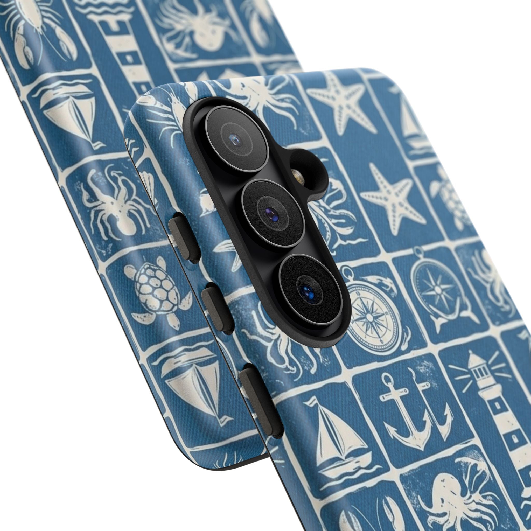Nautical Tile Phone Case — Blue Coastal Icons (lighthouse, anchor, seashells)
