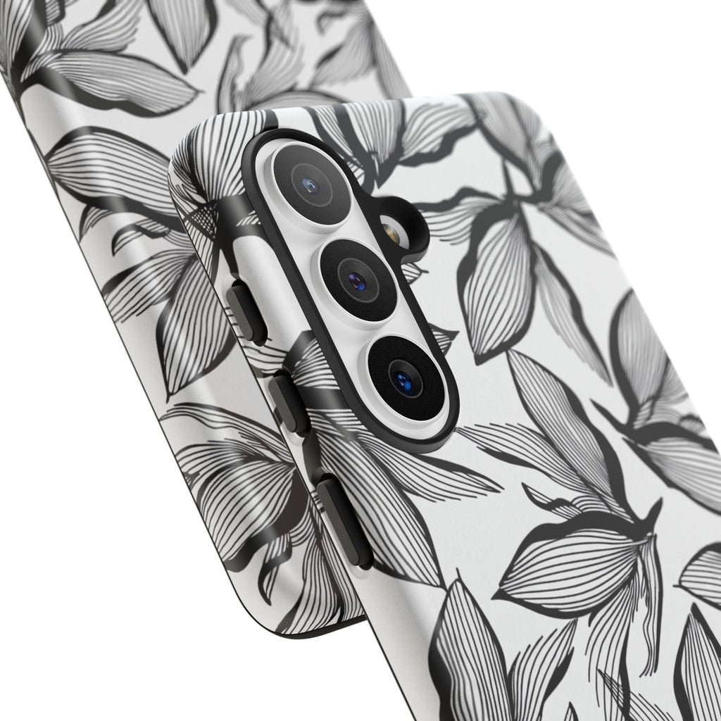 Floral Leaves Tough Phone Case – Black & White Botanical Protection