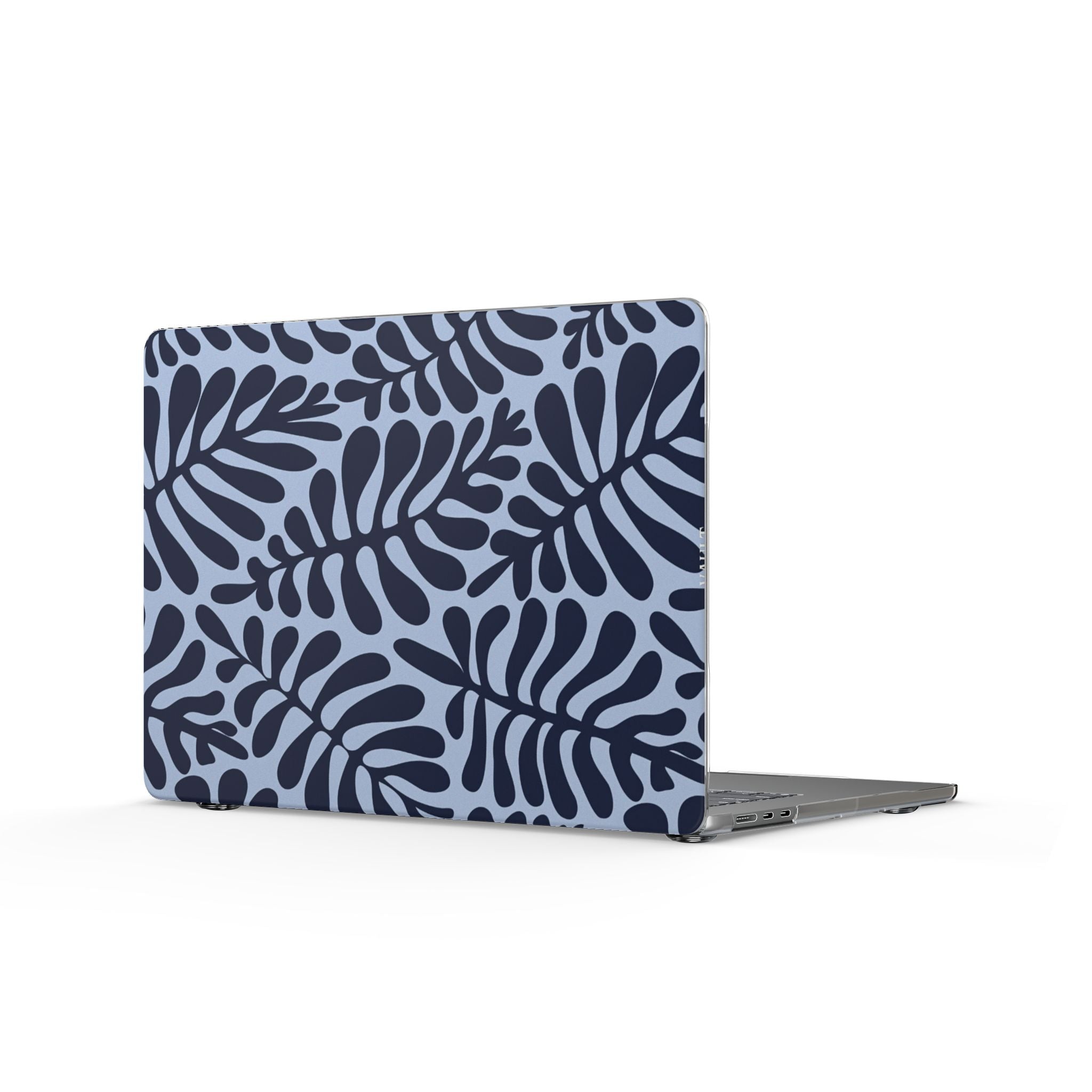 Blue Botanical Clear MacBook Case — Navy Leaf Pattern Laptop Cover