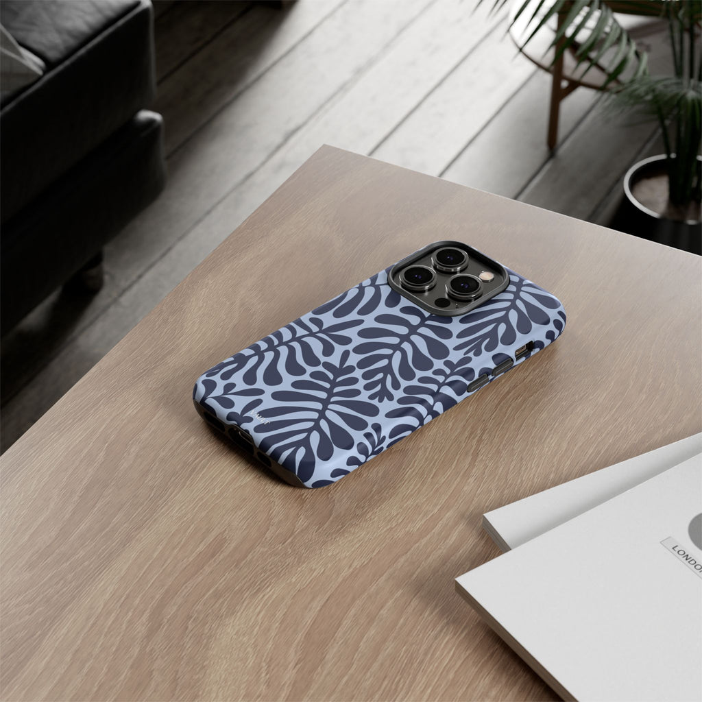 Floral Fern Tough Phone Case – Navy Blue on Light Blue, Protective Slim Cover