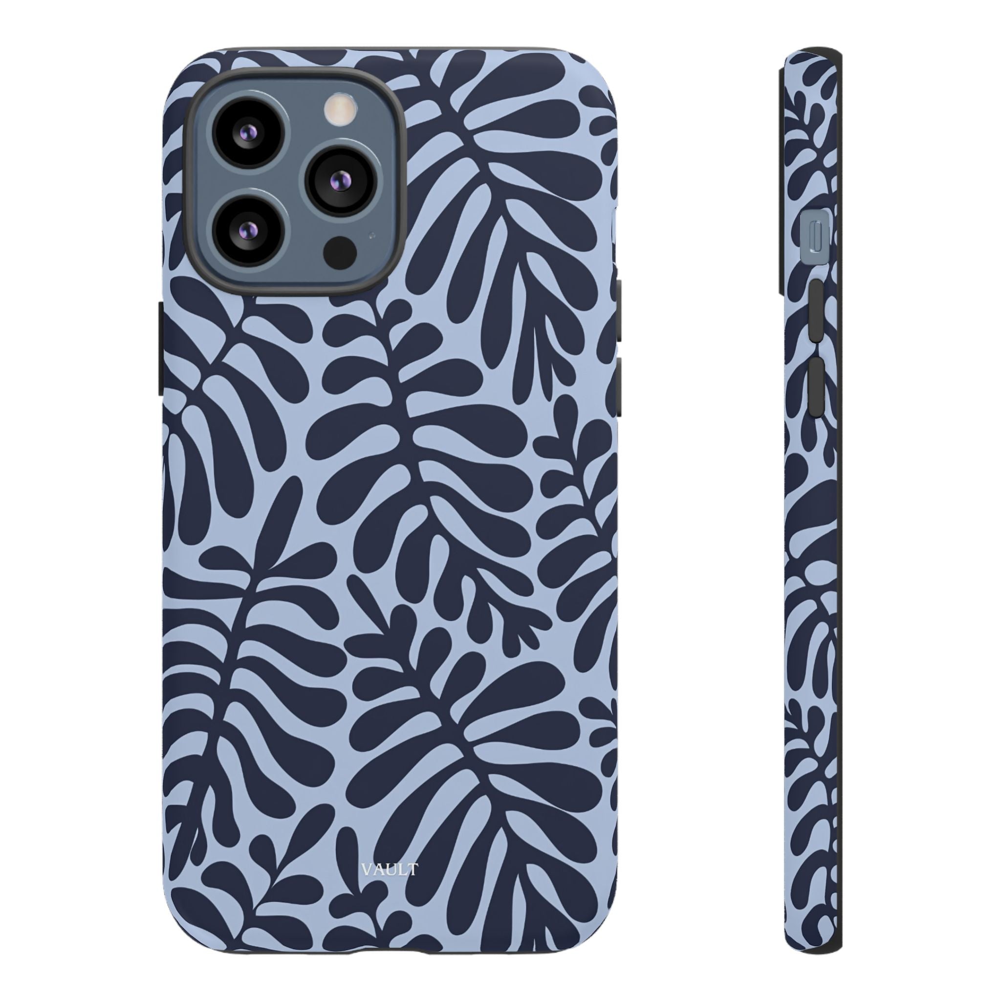 Floral Fern Tough Phone Case – Navy Blue on Light Blue, Protective Slim Cover