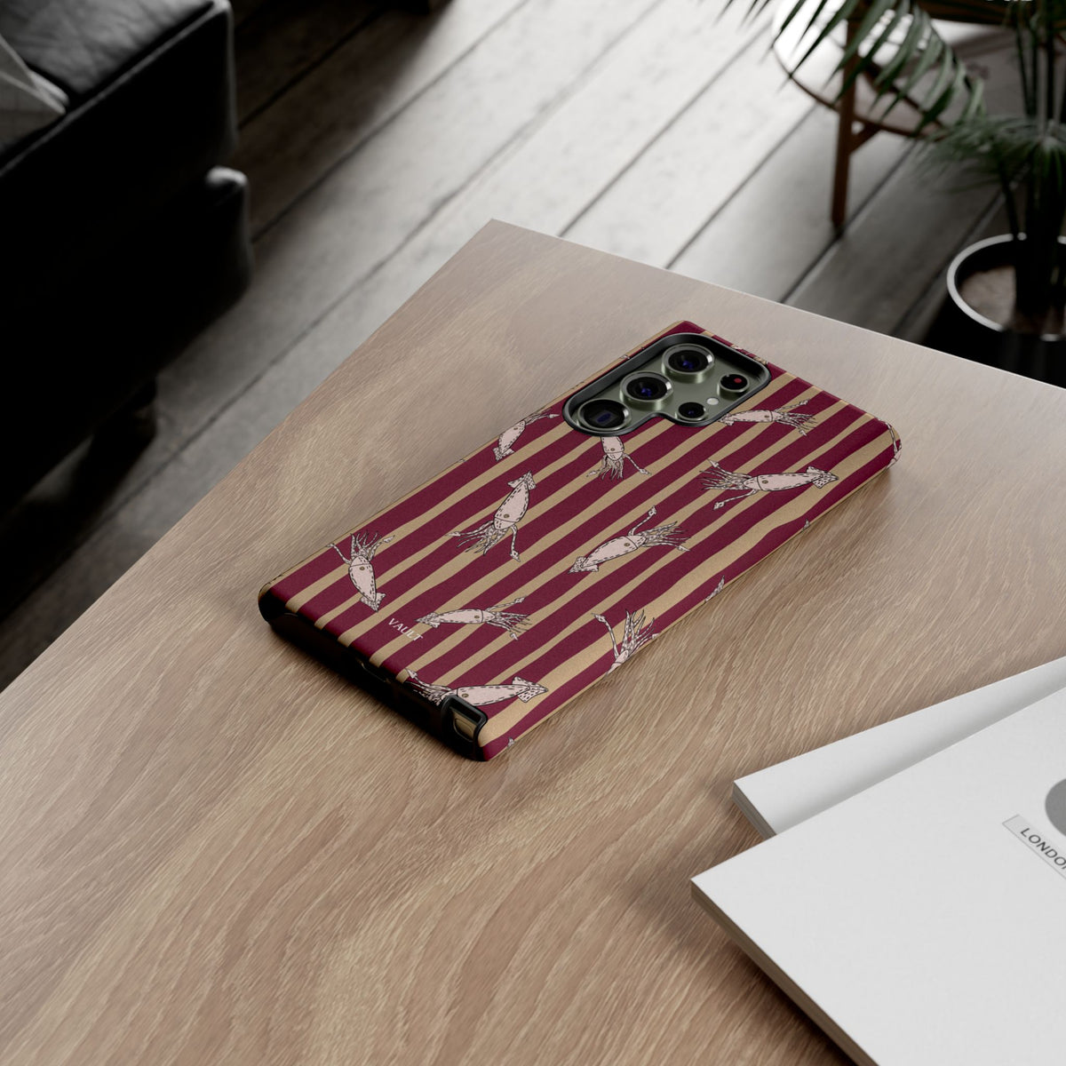 Phone Case - Vintage Shrimp Pattern on Burgundy Stripes