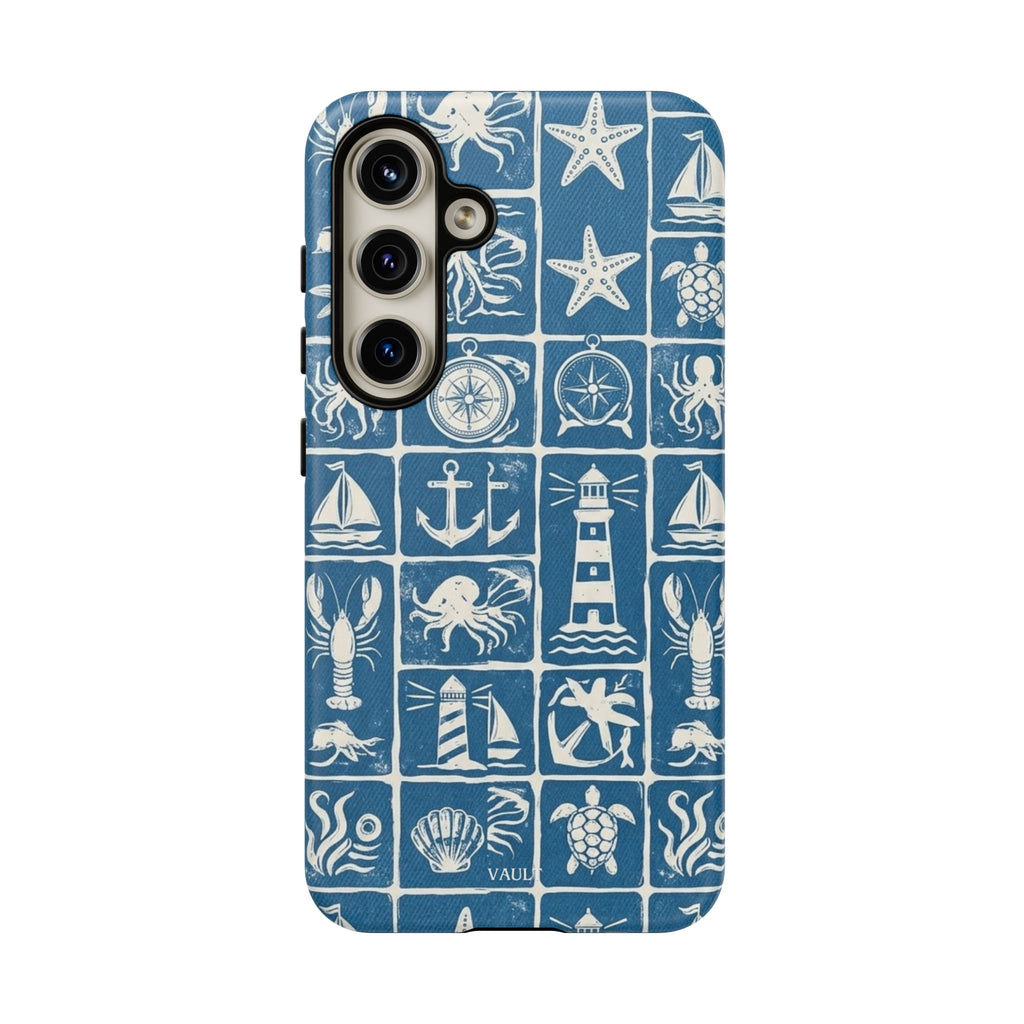 Nautical Tile Phone Case — Blue Coastal Icons (lighthouse, anchor, seashells)