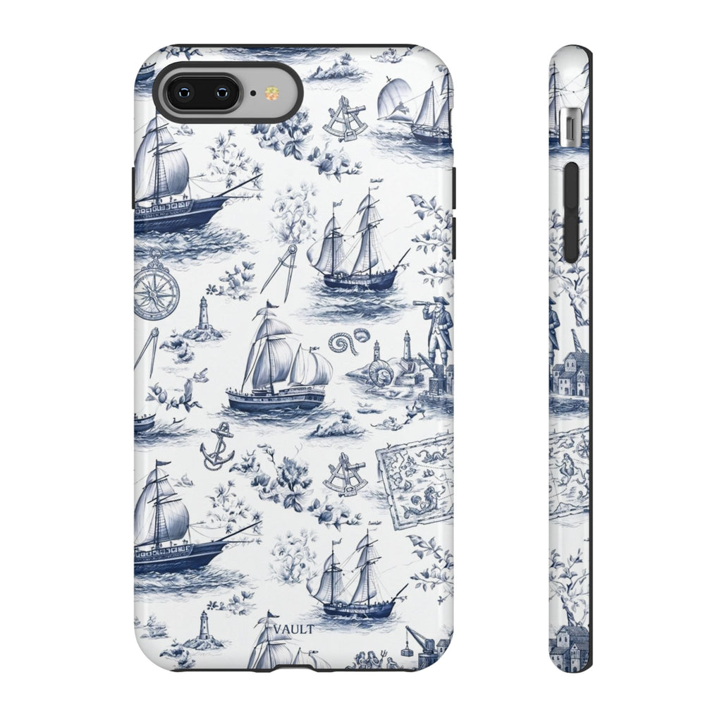 Nautical Vintage Ship Tough Phone Case — Blue Toile Sailboat Pattern