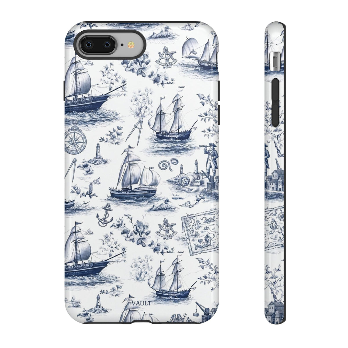 Nautical Vintage Ship Tough Phone Case — Blue Toile Sailboat Pattern