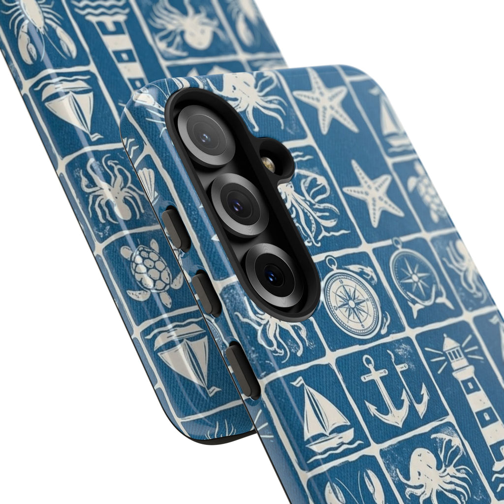 Nautical Tile Phone Case — Blue Coastal Icons (lighthouse, anchor, seashells)