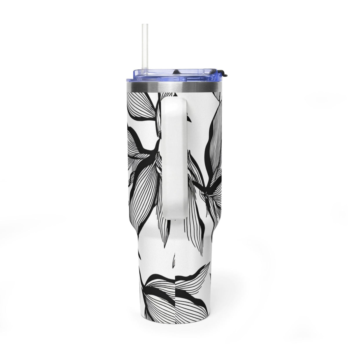 40oz Floral Thermal Tumbler – Black & White Leaf Pattern Vacuum Insulated