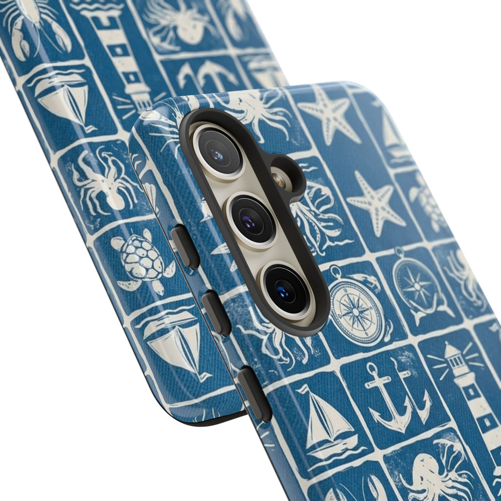 Nautical Tile Phone Case — Blue Coastal Icons (lighthouse, anchor, seashells)