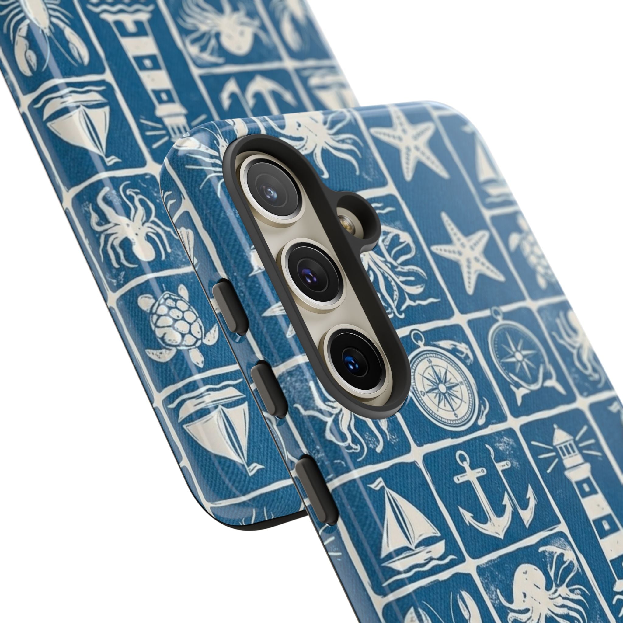 Nautical Tile Phone Case — Blue Coastal Icons (lighthouse, anchor, seashells)