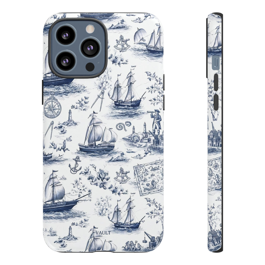 Nautical Vintage Ship Tough Phone Case — Blue Toile Sailboat Pattern