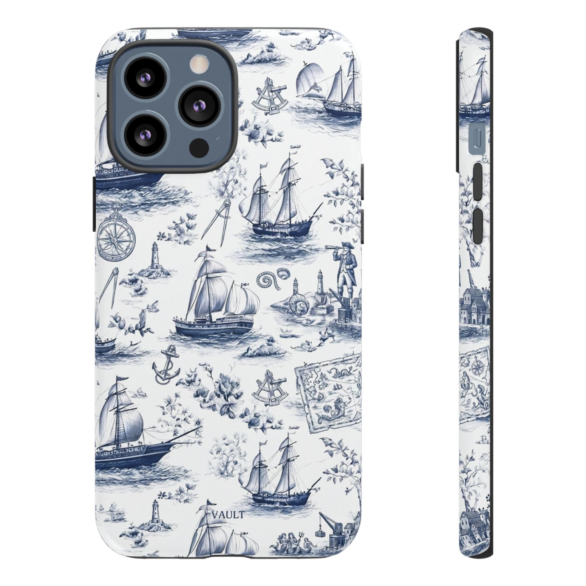 Nautical Vintage Ship Tough Phone Case — Blue Toile Sailboat Pattern