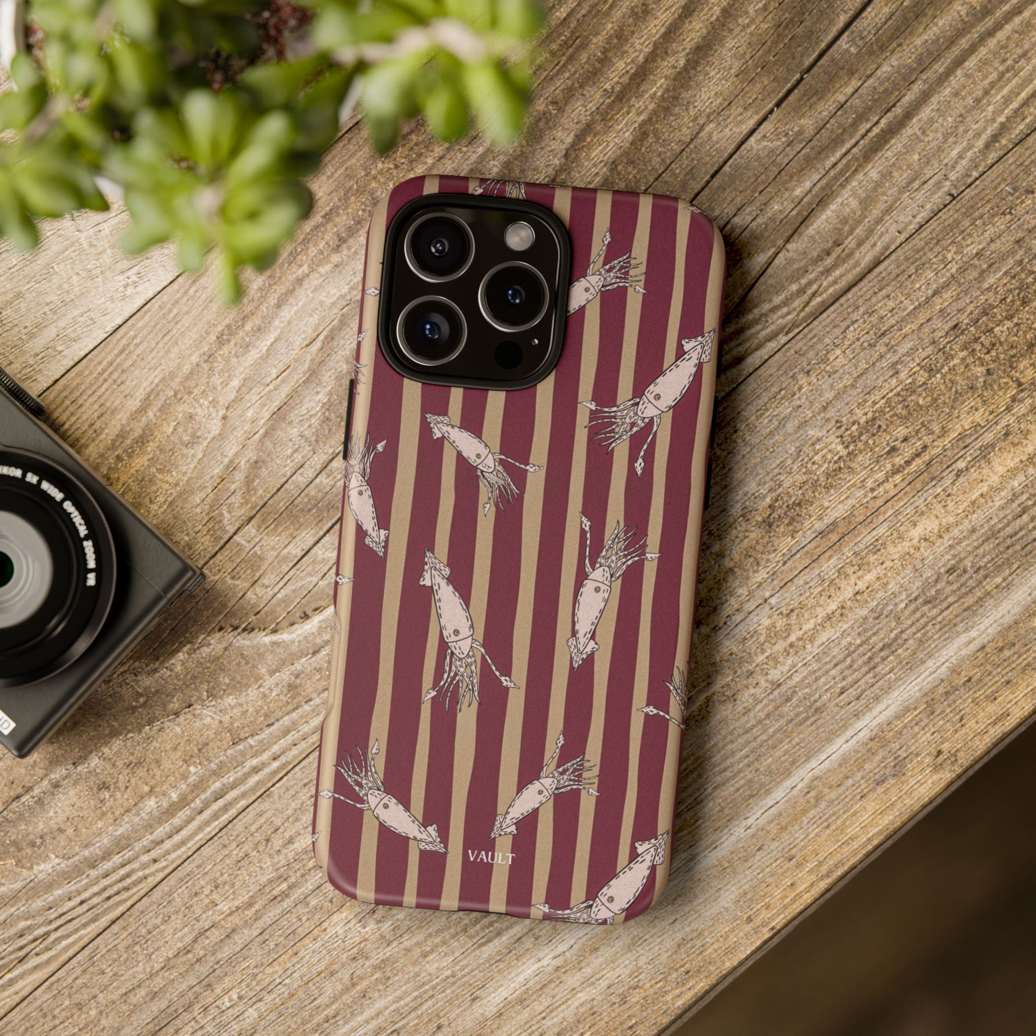 Phone Case - Vintage Shrimp Pattern on Burgundy Stripes