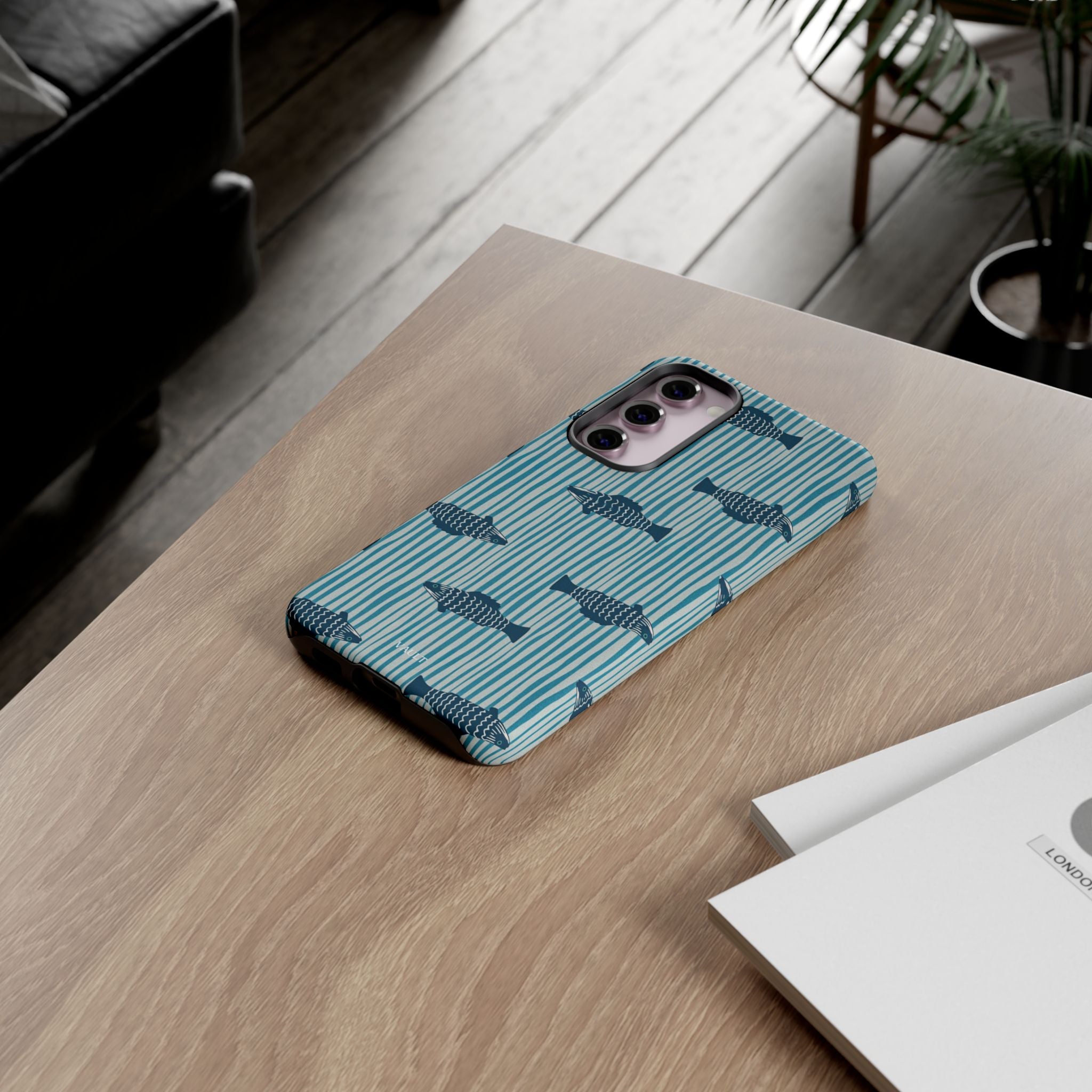 Fish Pattern Tough Phone Case — Blue Striped Ocean Design