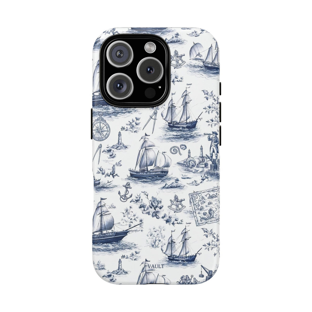 Nautical Vintage Ship Tough Phone Case — Blue Toile Sailboat Pattern