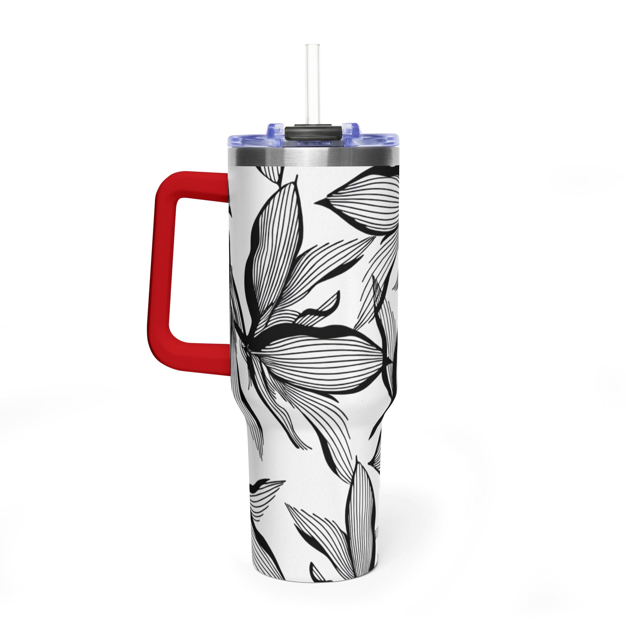 40oz Floral Thermal Tumbler – Black & White Leaf Pattern Vacuum Insulated