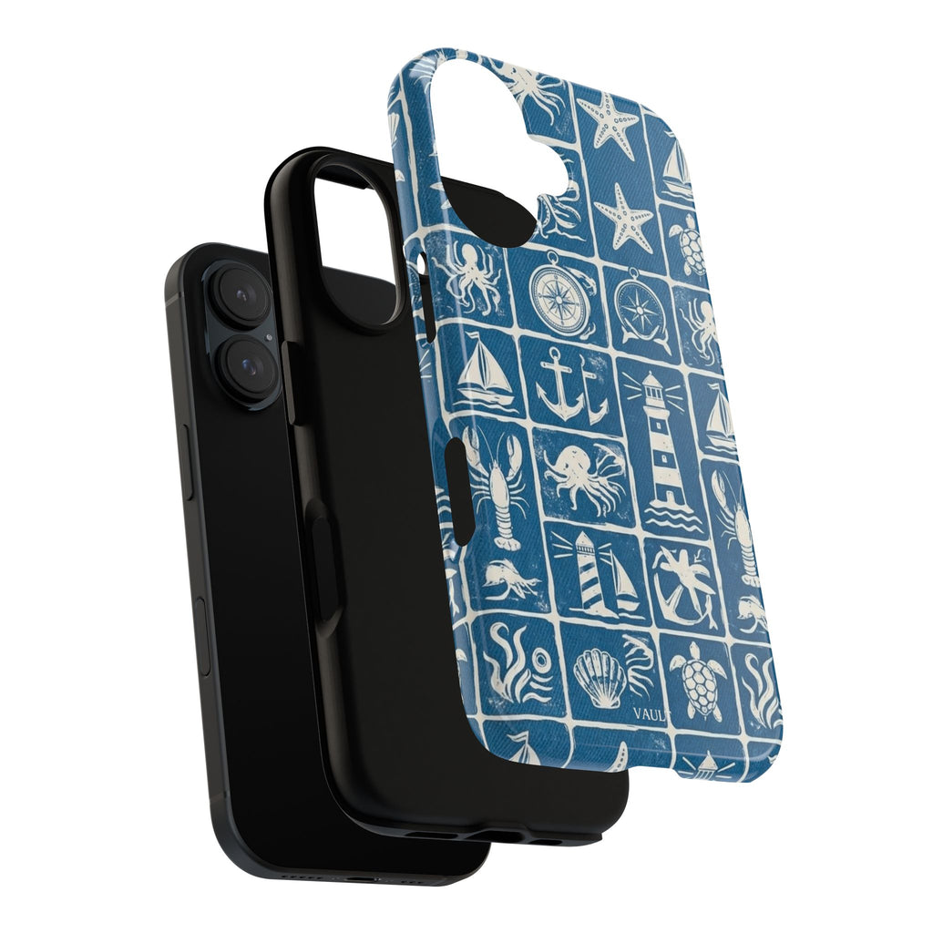 Nautical Tile Phone Case — Blue Coastal Icons (lighthouse, anchor, seashells)