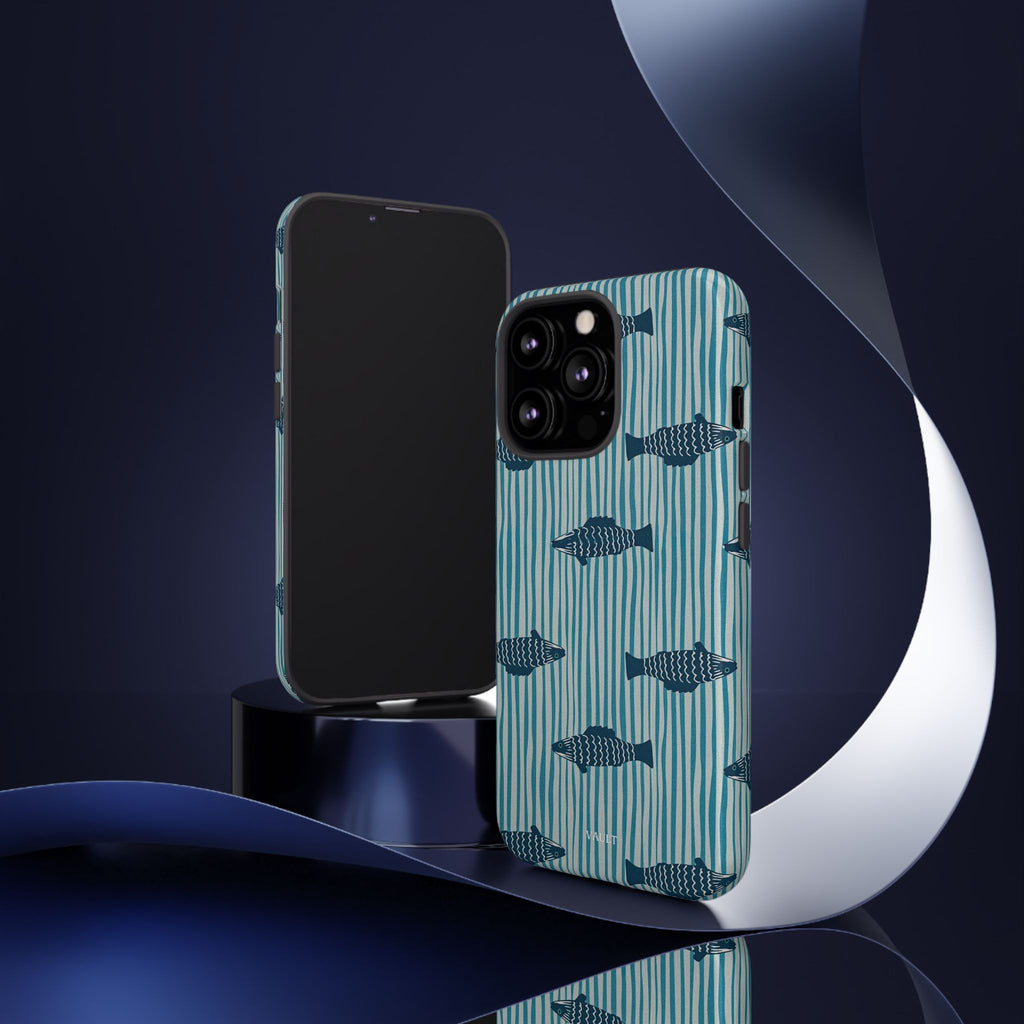 Fish Pattern Tough Phone Case — Blue Striped Ocean Design
