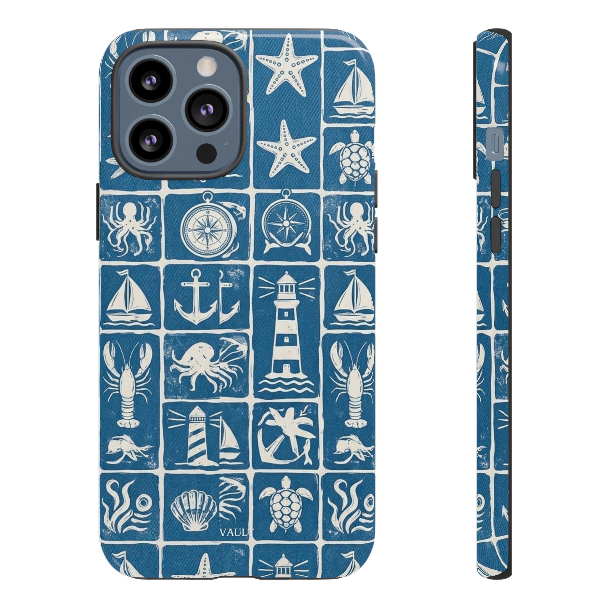 Nautical Tile Phone Case — Blue Coastal Icons (lighthouse, anchor, seashells)