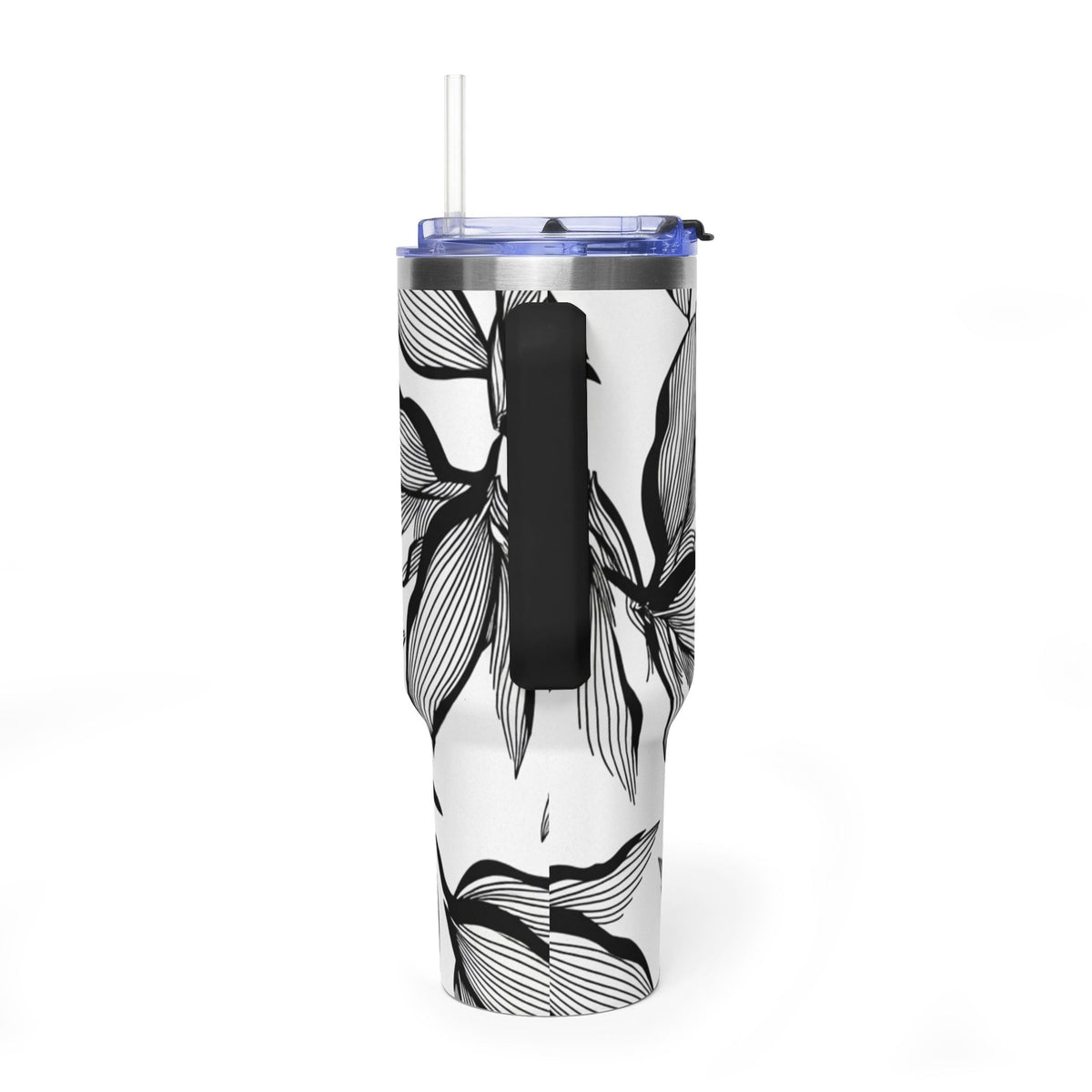 40oz Floral Thermal Tumbler – Black & White Leaf Pattern Vacuum Insulated