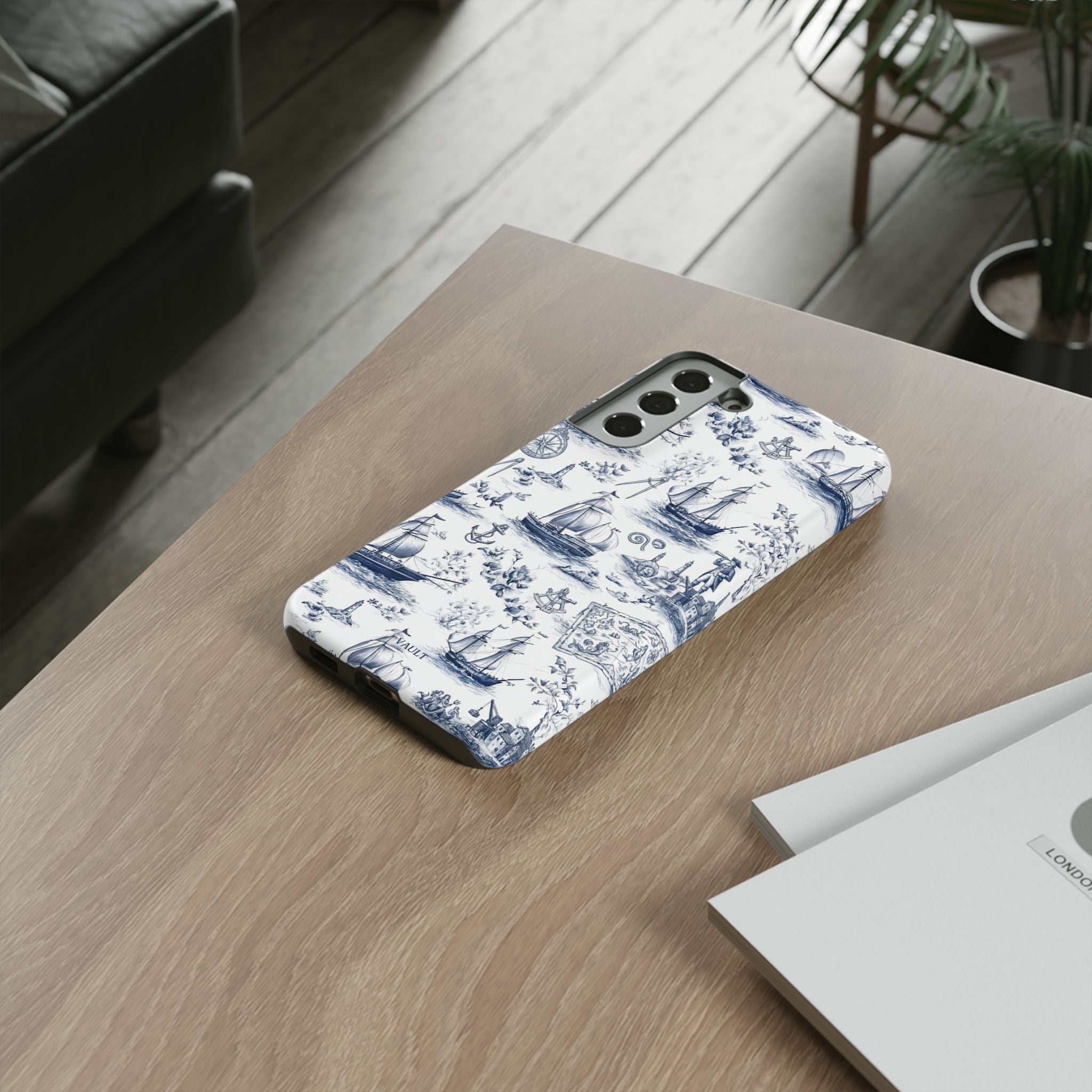Nautical Vintage Ship Tough Phone Case — Blue Toile Sailboat Pattern