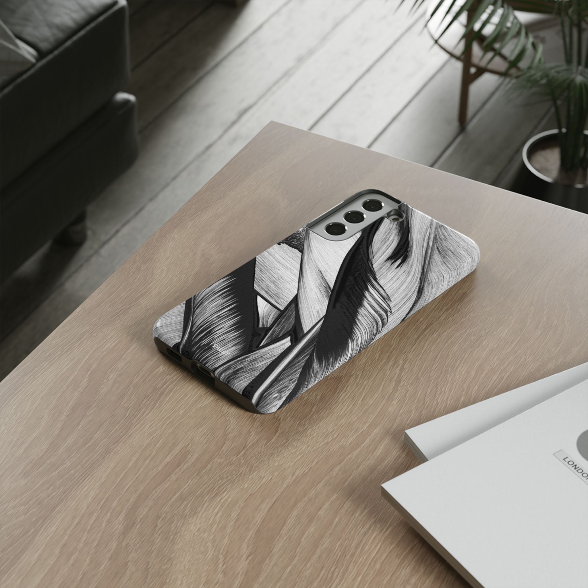 Monochrome Tropical Leaf Tough Phone Case — Black & White Botanical Protective Cover