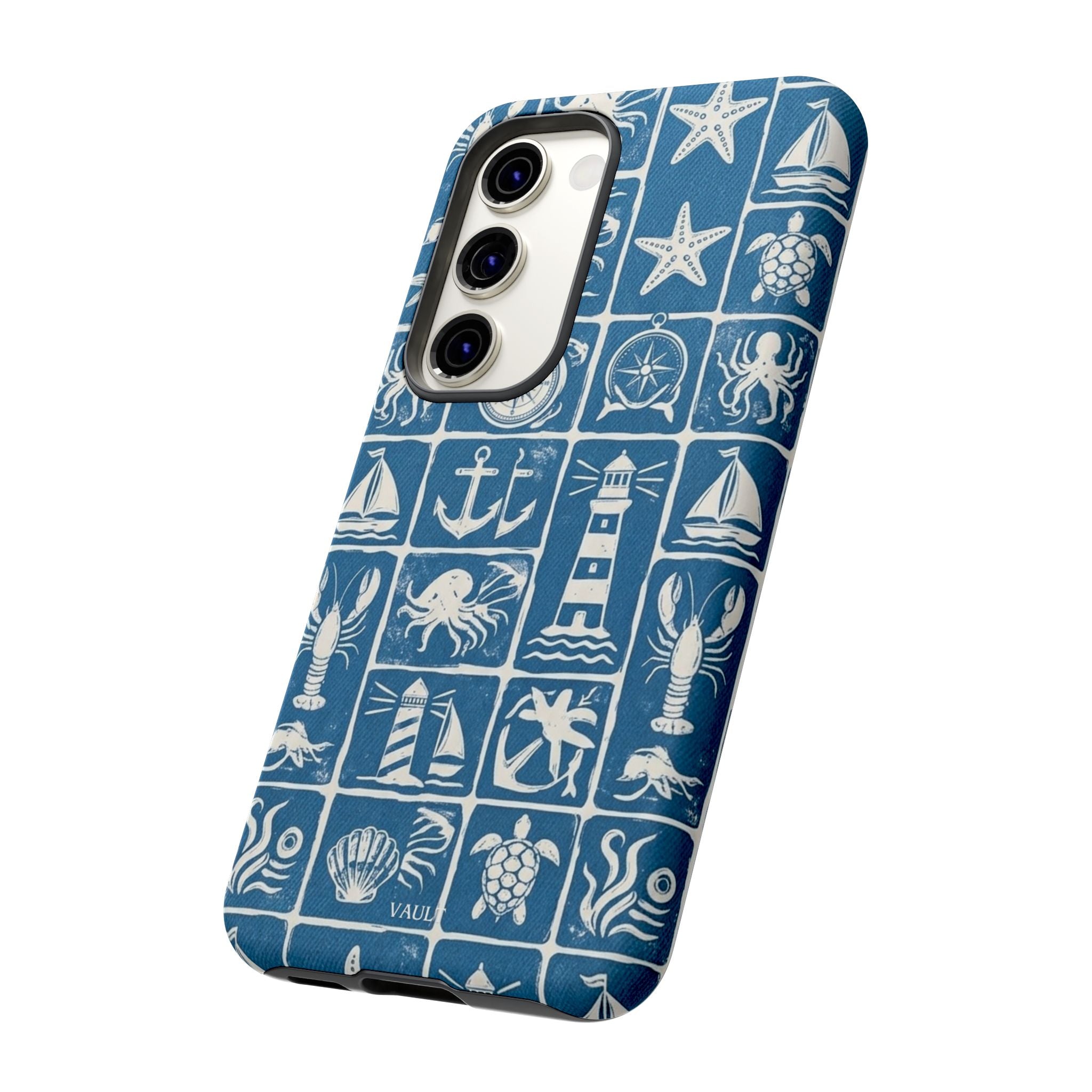 Nautical Tile Phone Case — Blue Coastal Icons (lighthouse, anchor, seashells)