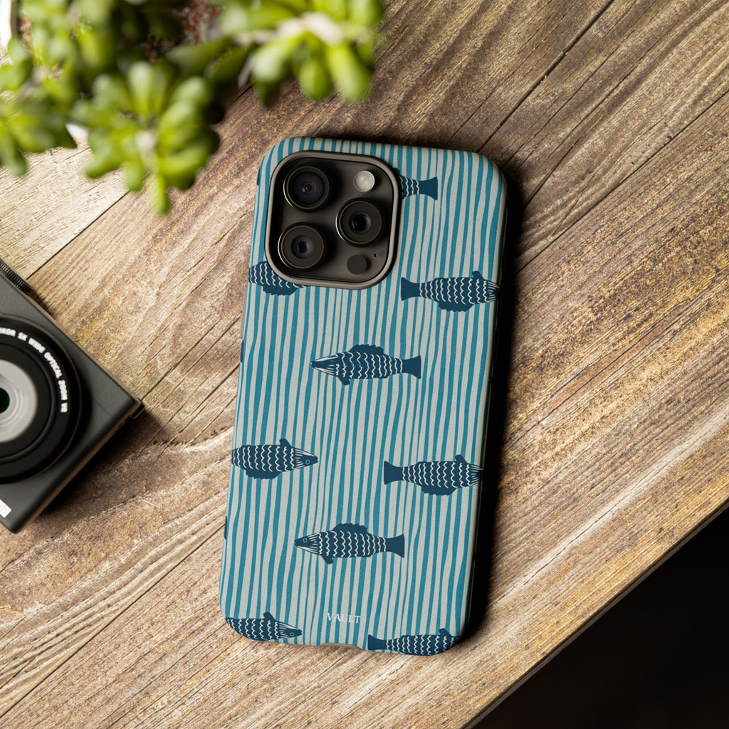 Fish Pattern Tough Phone Case — Blue Striped Ocean Design